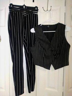 Source Unknown Black Pinstripe Vest & Pants Two-Piece Set